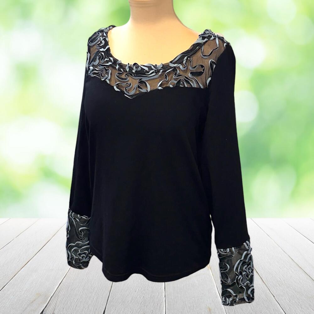 TRIBAL Ribbon Applique Top Soutache Embroidered Mesh Long Sleeve Black Size L